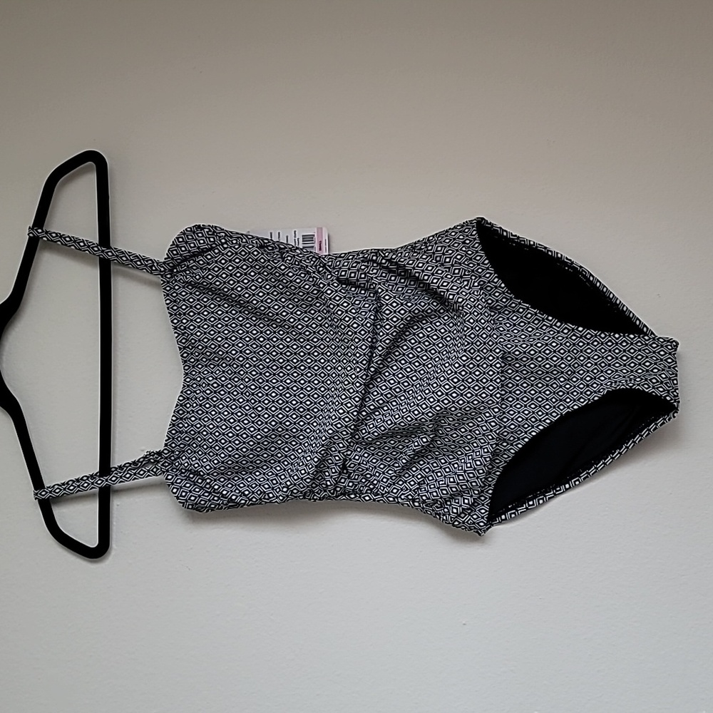 New DKNY One Piece Black and White Geometric Swim Suit Small
